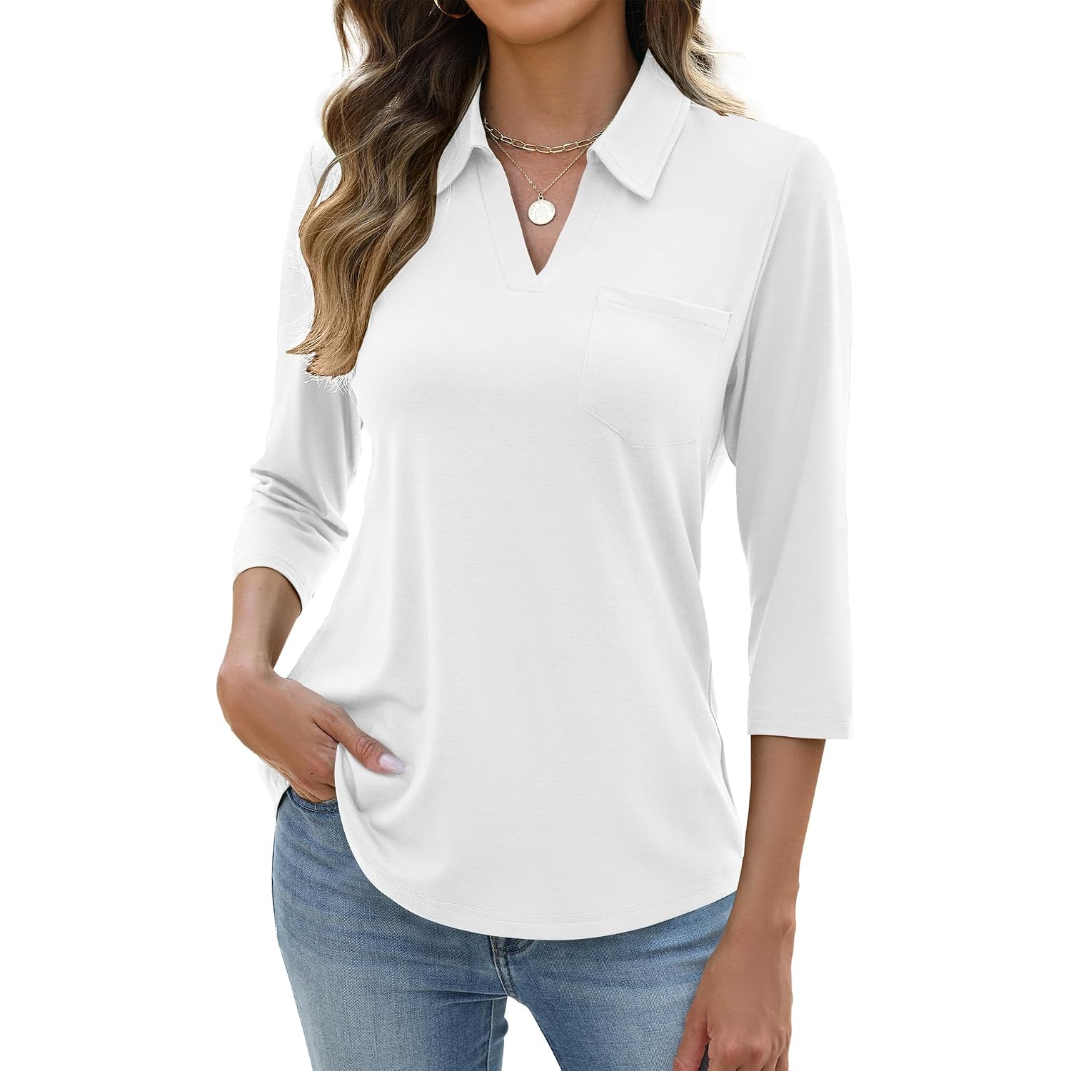 Akewei Womens 3/4 Length Sleeve Tops V Neck Casual Basic Tees Work Polo Shirts Collared Summer Top With Front Pocket