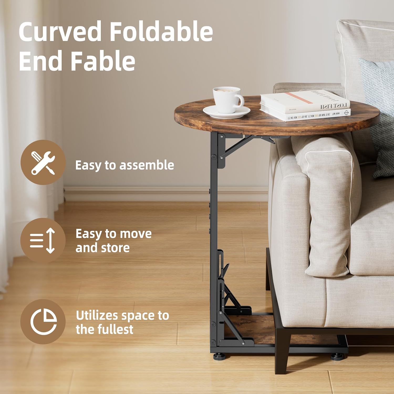 Folding Side Table End Couch Tables,Metal Frame C-Shaped Tv Stand For Sofa Living Bedroom Bedside Coffee Small Spaces(Vintage Wood Color)