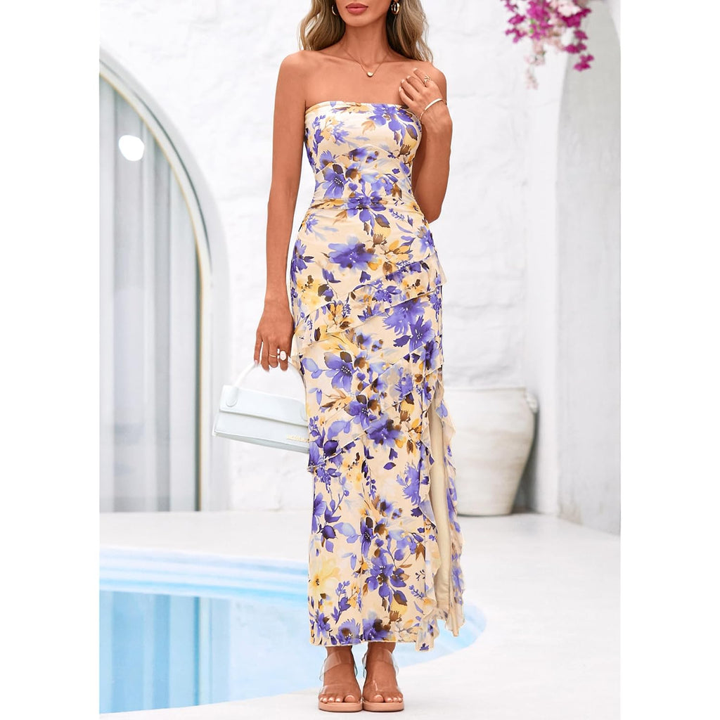Btfbm Off The Shoulder Dresses For Women Summer 2026 Strapless Ruffle Slit Formal Wedding Guest Dress Cocktail Party