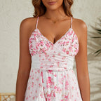 Women Floral Maxi Dress Spaghetti Straps V Neck Lace Patchwork Flowy Tiered Boho Beach Sundress Long Dresses