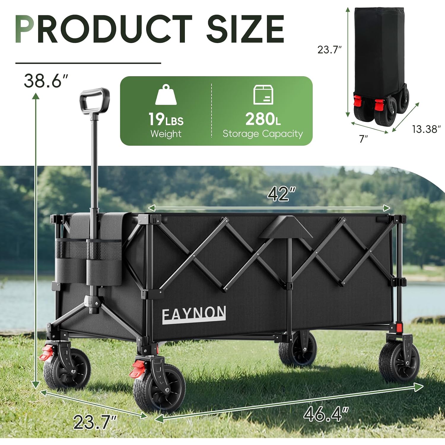 46" L Collapsible Foldable Extended Wagon, 500Lb Weight Capacity With 280L Heavy Duty Folding Cart,Utility Wagon With All-Terrain Beach Wheel & Drink Holders,Black