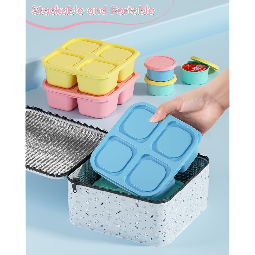 Canfanni 4 Pcs Snack Box Containers Set, Reusable 4 Compartment Lunchable Container with 2Pcs Sauce Containers, Stackable BPA-Free Bento Box for School, Work, Travel (4 Color)