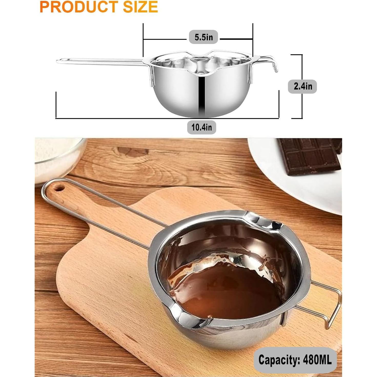 Stainless Steel Double Boiler Pot for Melting Chocolate, Candy and Candle Making (18/8 Steel, 2 Cup Capacity, 480ML)