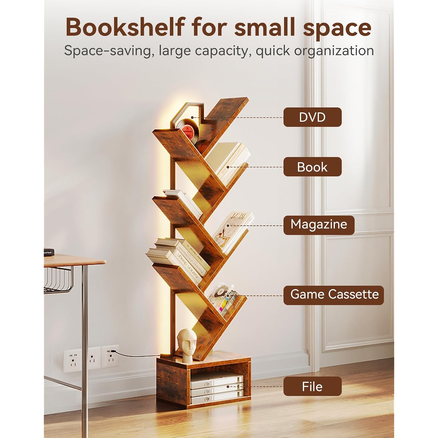 Casaottima Tree Bookshelf With Led Lights, 6-Tier Narrow Bookcase For Small Spaces, Tall Steel & Wood Storage Shelf With Cabinet, Home Decor & Organizer For Living Room/Bedroom/Home Office, Vintage