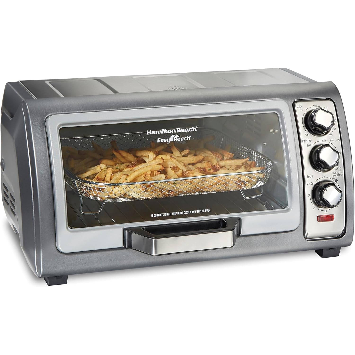 Hamilton Beach Easy Reach 6 Slice Countertop Air Fryer Toaster Oven Combo | Roll-Top Door For Easy Access | Bake, Broil & Toast Functions | 150 To 450ºF Adjustable Temp | Auto Shutoff | Stainless Steel