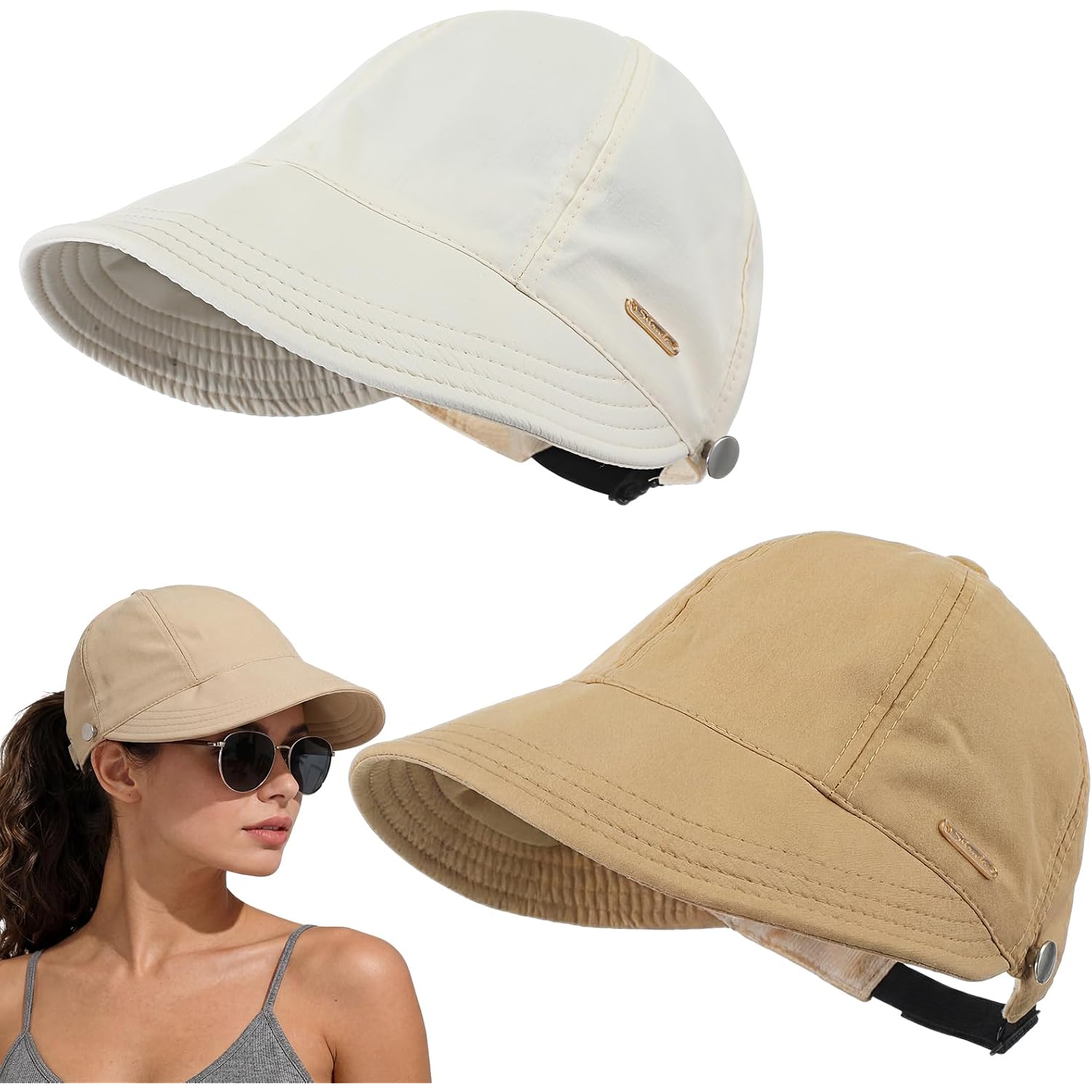 2 Pack Women Sun Hat UV Protection Hiking Fishing Hats Wide Brim Hat Adjustable Ponytail Packable Cap for Outdoor White, Khaki
