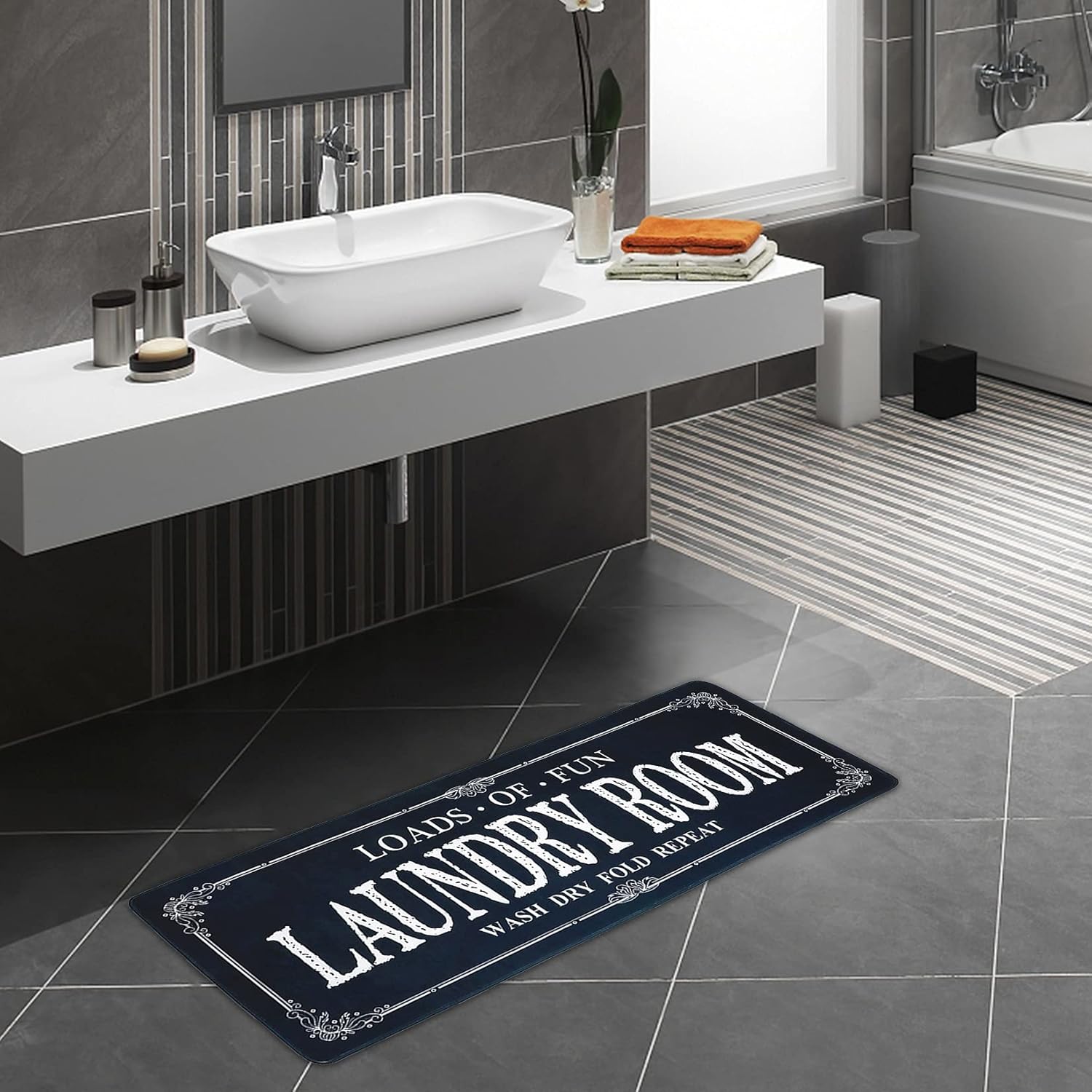 ROMAMIGO Non Slip Laundry Runner Rug - Farmhouse Kitchen Floor Mat for Mudroom and Bathroom - Black, 20 X 47 Inches