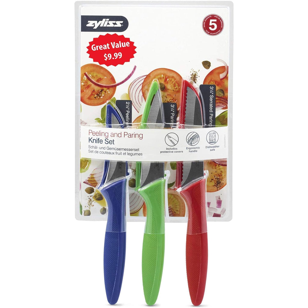 Zyliss 3 Piece Peeling & Paring Knife Set With Covers - Kitchen Knives For Fruits & More - Ideal For Kitchen Collections - Blue, Green, & Red