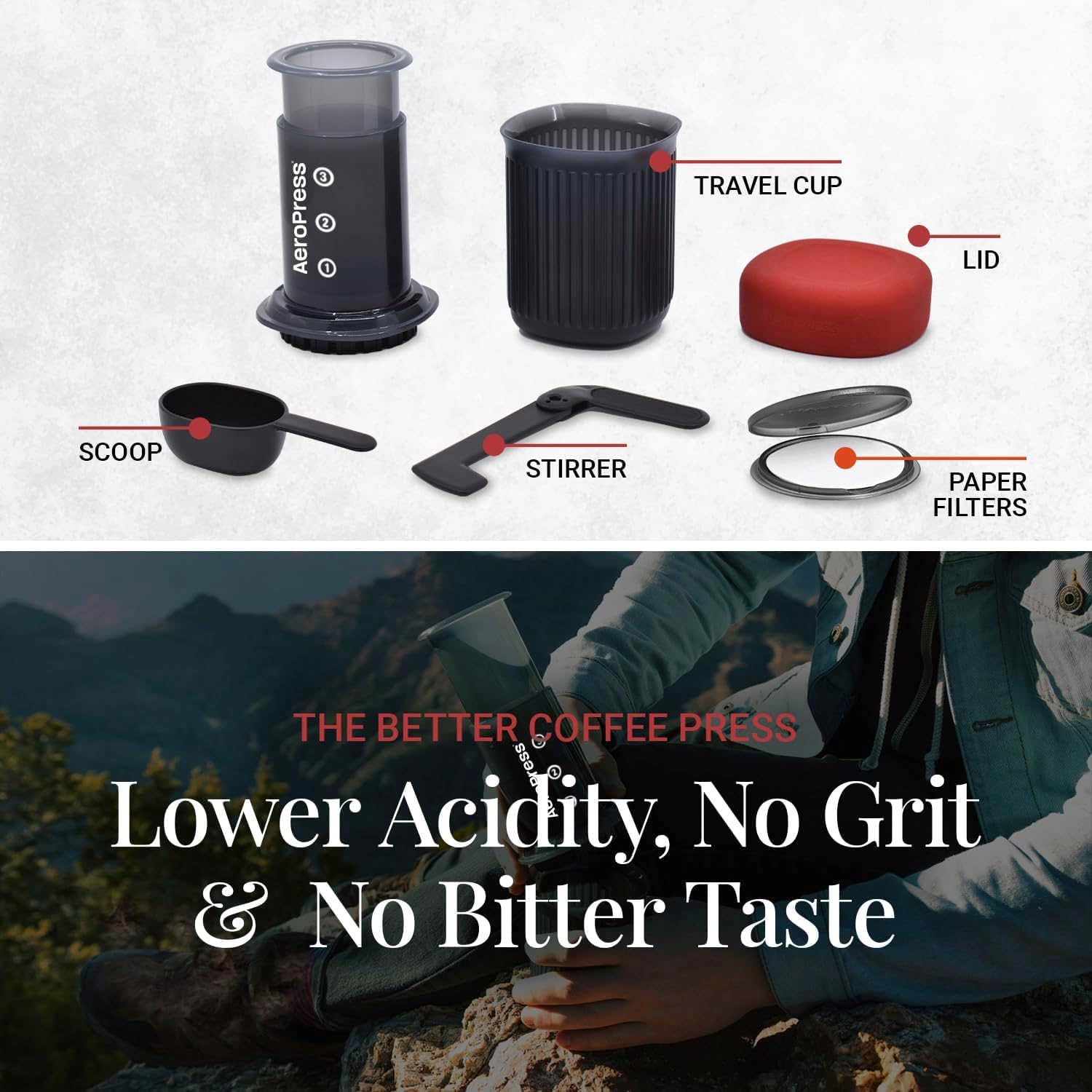 Aeropress Go, Extra Small Portable Coffee Maker Kit, Travel, Hiking & Camping, All-In-One French Press, Pour-Over & Espresso Style Manual Brewer, 2 Min Brew Makes A Less Bitter, More Flavorful Cup