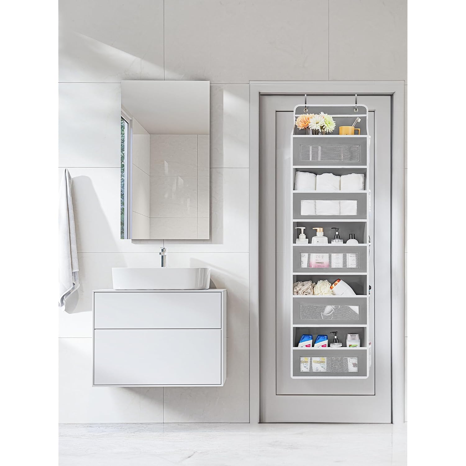 Jarlink Over The Door Organizer Storage, 5 Shelf Hanging Door Organizer With 5 Large Capacity Pockets, Anti Tilt 44 Lb Load Behind Door Storage For Bedroom, Bathroom, Pantry, Nursery, (Grey)
