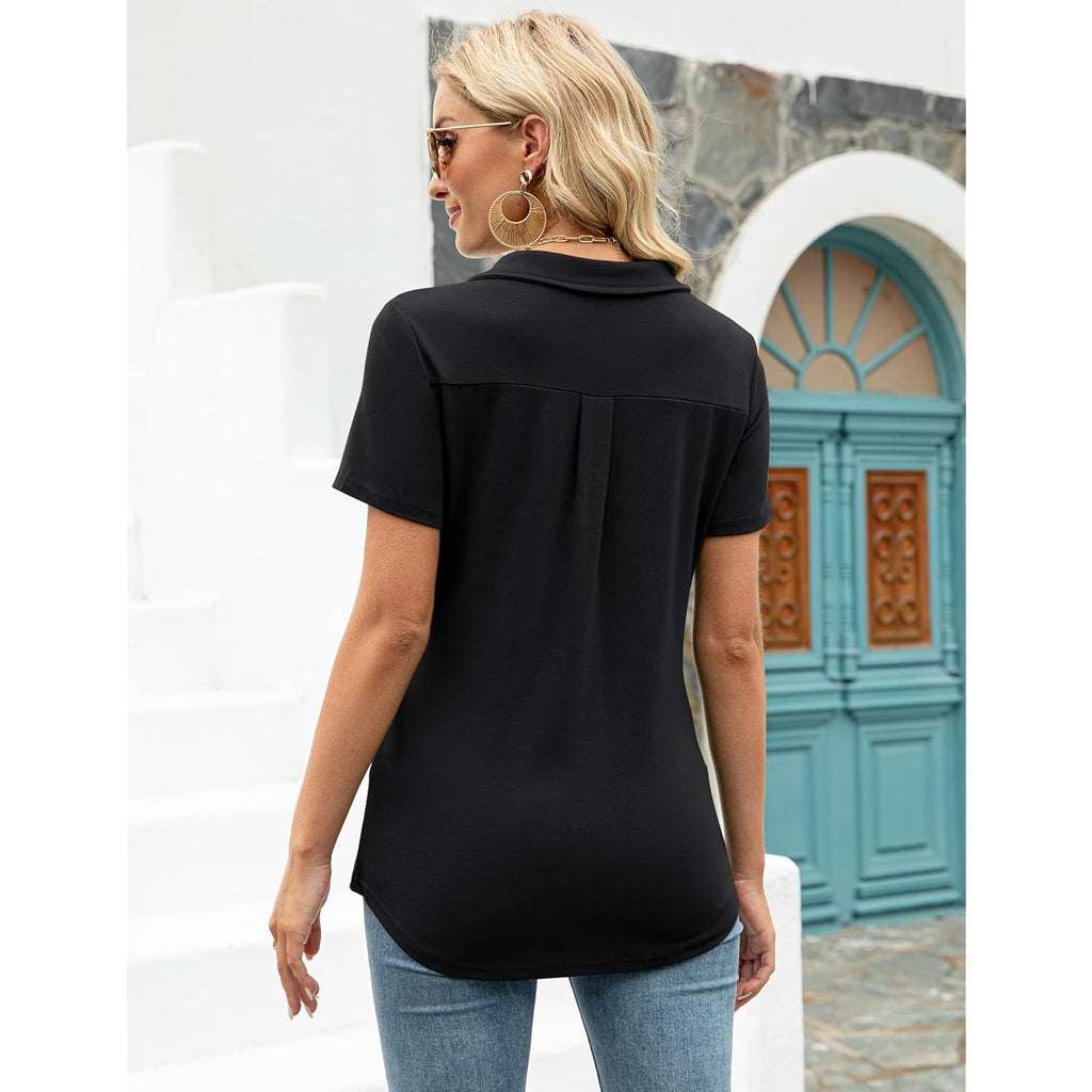 Womens V Neck Polo Shirts Short Sleeve Collared Tops Loose Casual Tunic Blouses with Pocket