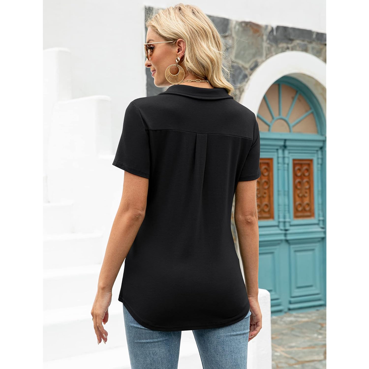 Womens V Neck Polo Shirts Short Sleeve Collared Tops Loose Casual Tunic Blouses with Pocket