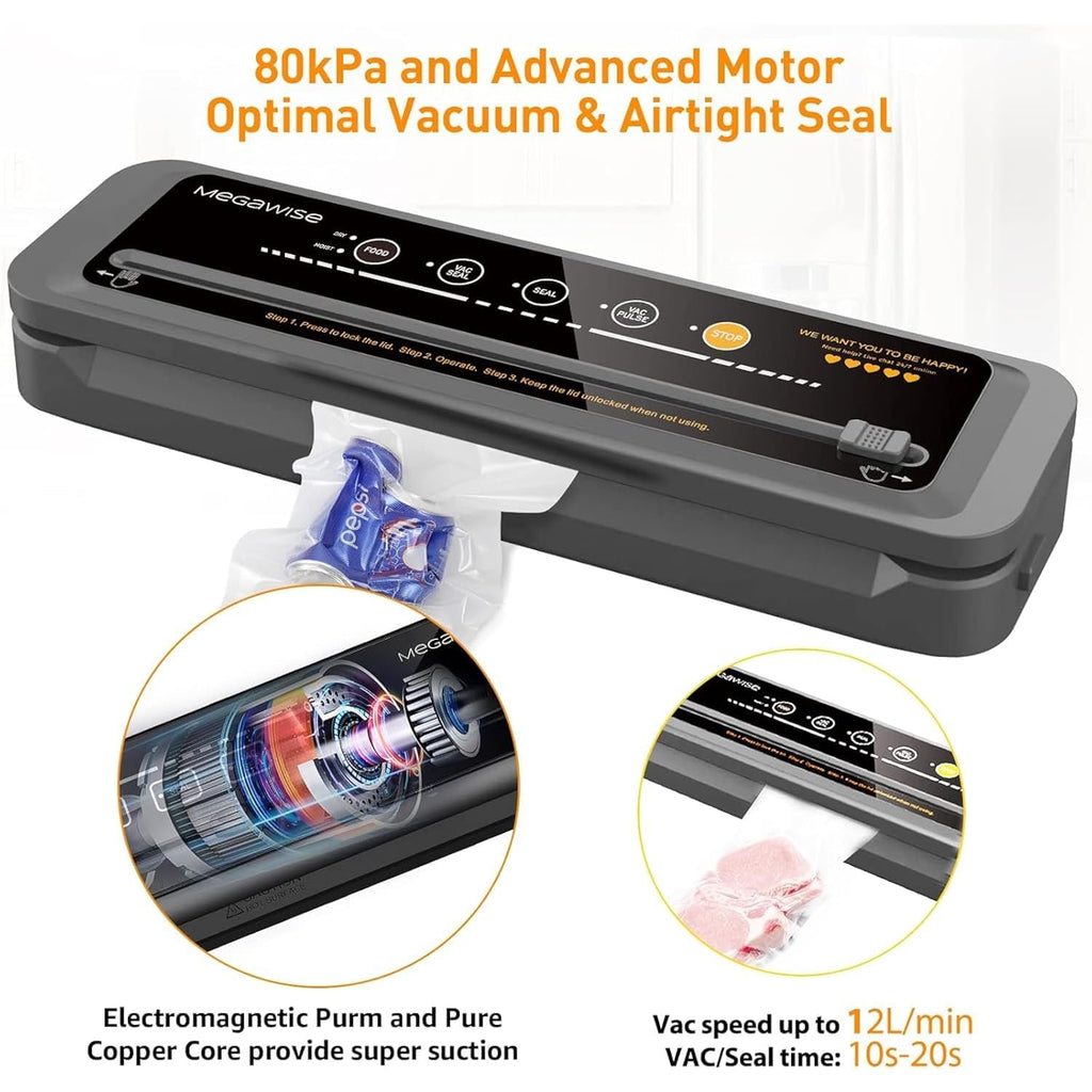 MegaWise Vacuum Sealer Machine | 80kPa Suction Power| Bags and Cutter Included | Compact One-Touch Automatic Food Sealer with External Vacuum System | Dry Moist Fresh Modes for All Saving needs