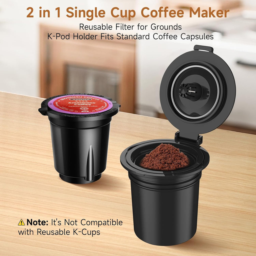 Horavie Small Single Serve Coffee Maker, Fast Brew One Cup Coffee Machine For K Cup And Grounds, 6 To 12 Oz. Brew Sizes, Pod Coffee Maker With Descaling Reminder And Viewing Tank, Black