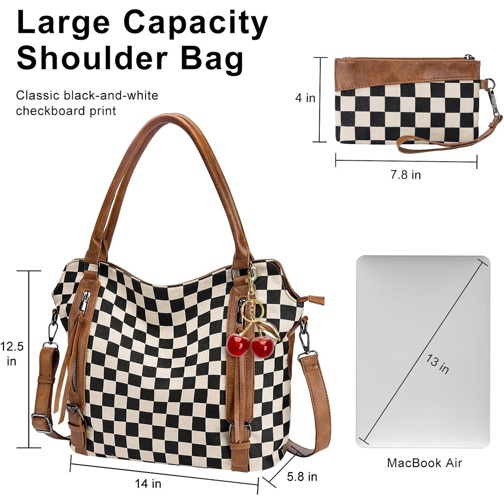 Checkered Crossbody Bag, Brown Checkered Purse, Large Capacity Shoulder Bag, Handbag With Wallet And Cherry Charm