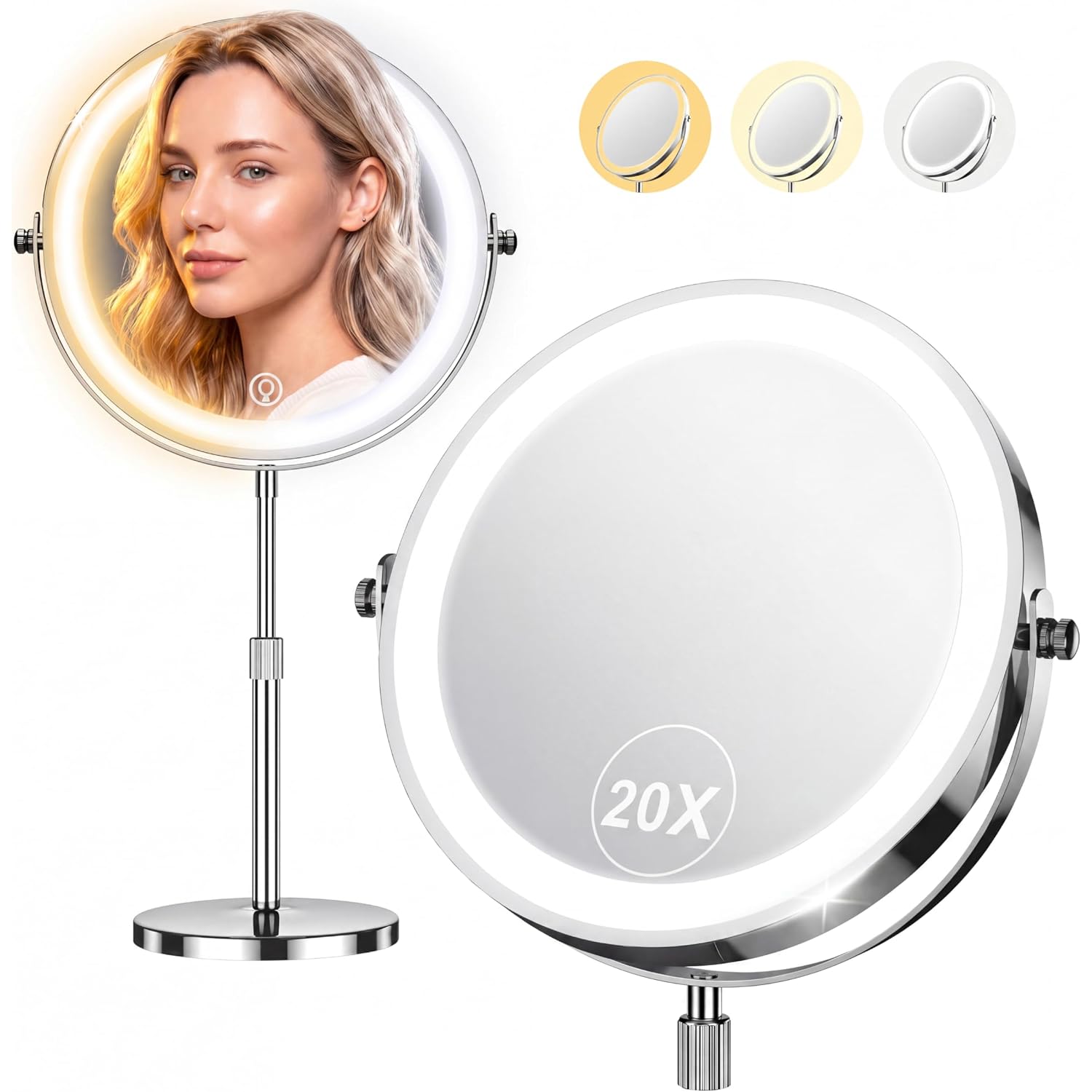 Dienmern Lighted Makeup Mirror, 1X/20X Double-Sided Magnifying Vanity Mirror With Lights, 360° Rotation, 5000Mah Rechargeable Adjustable Brightness With 3 Colors For Dorm, Living Room, Women Gift