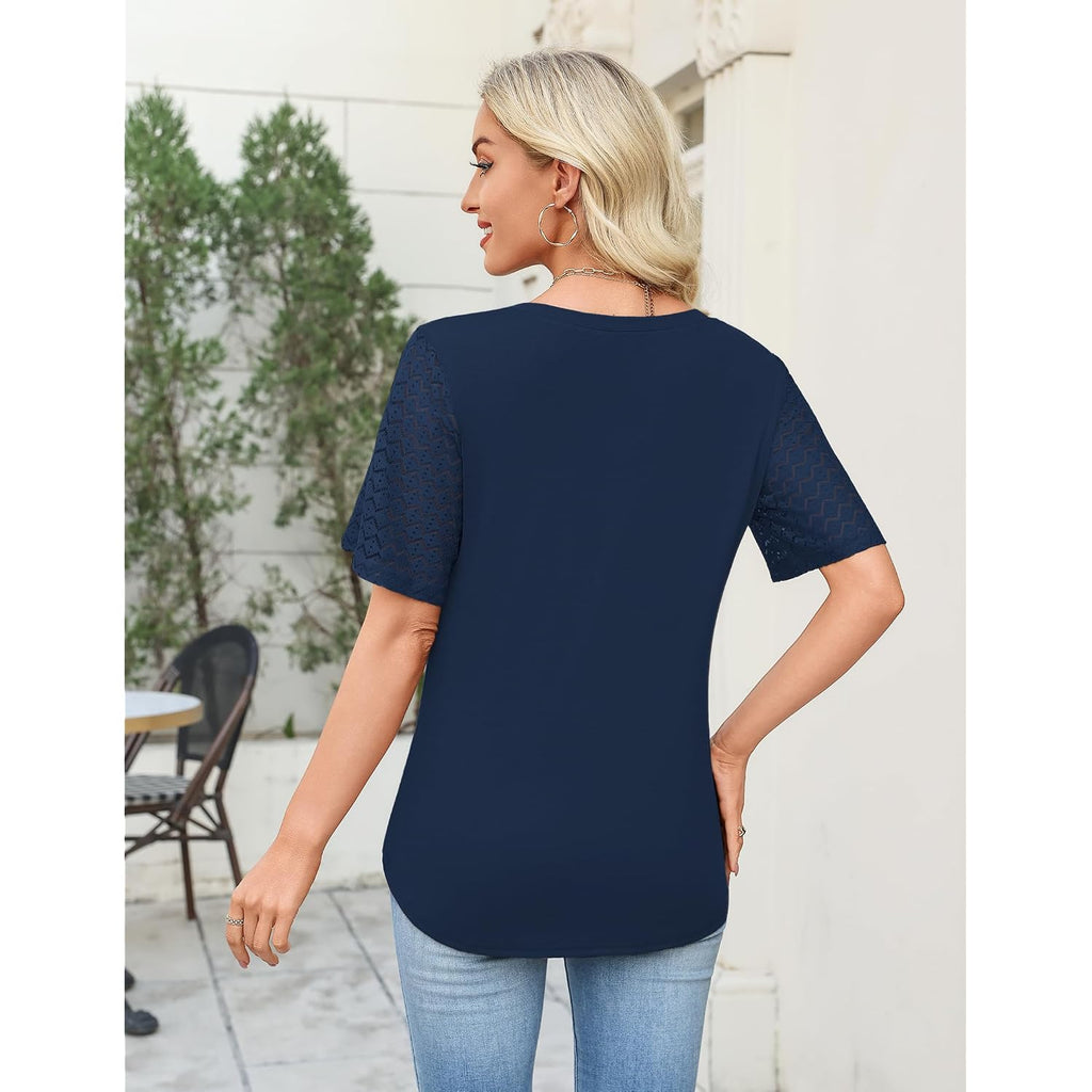 Women'S V Neck Casual Tops Lace Short Sleeve Summer Tunic Shirts For Women Loose Fit Breathable Cotton Blouses