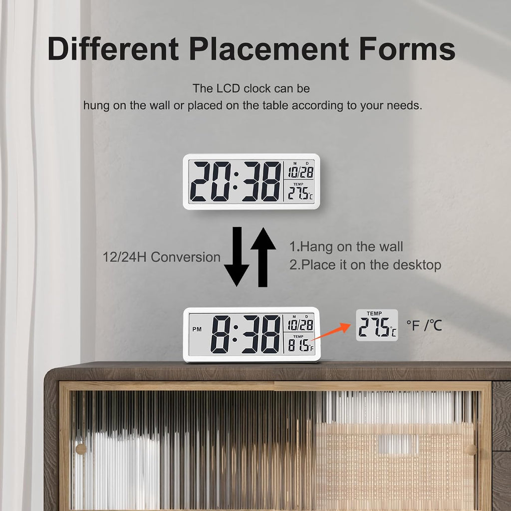 Lcd Digital Wall Clocks Battery Operated, 8.5" Modern Wall Clocks For Living Room Decor, Simple Digital Wall Clock With Temperature/Date/Time - 12/24H, Small Desk Clock For Bedroom Office