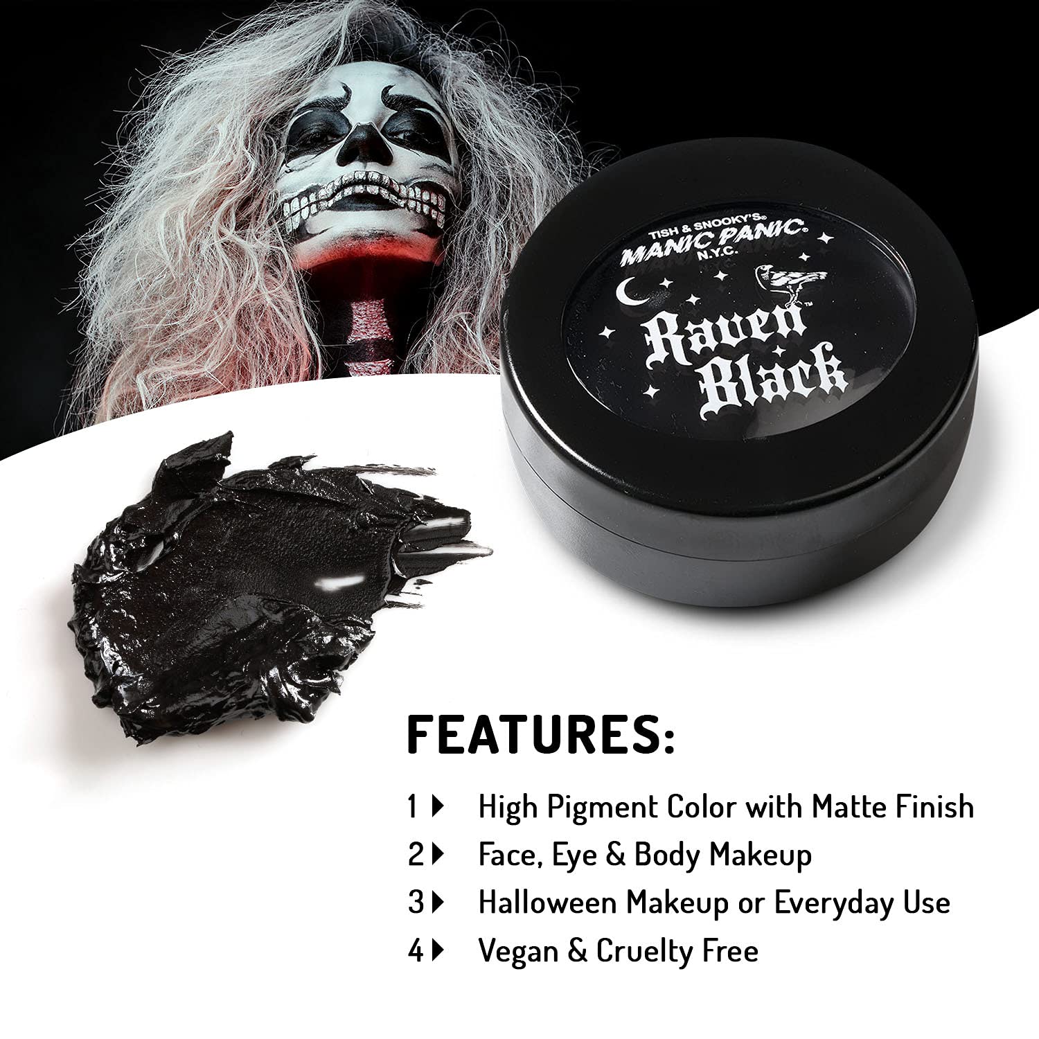 MANIC PANIC Raven Black Face Paint - Black Makeup for Face, Eyes & Body - High Pigment Body Paint with Matte Finish - Halloween, Cosplay & Stage Makeup - Vegan & Cruelty-Free Cream Formula
