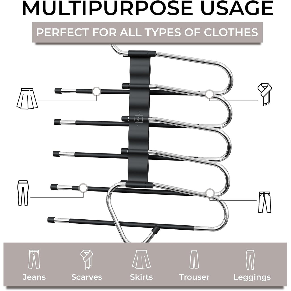 Pants Hangers Space Saving - 2 Pack - Non-Slip Multi-Layer Space Saving Hangers - Multifunctional Clothing Rack For Closet Storage - Ideal For Jeans, Trousers, Skirts, Scarves & Slacks (Black)