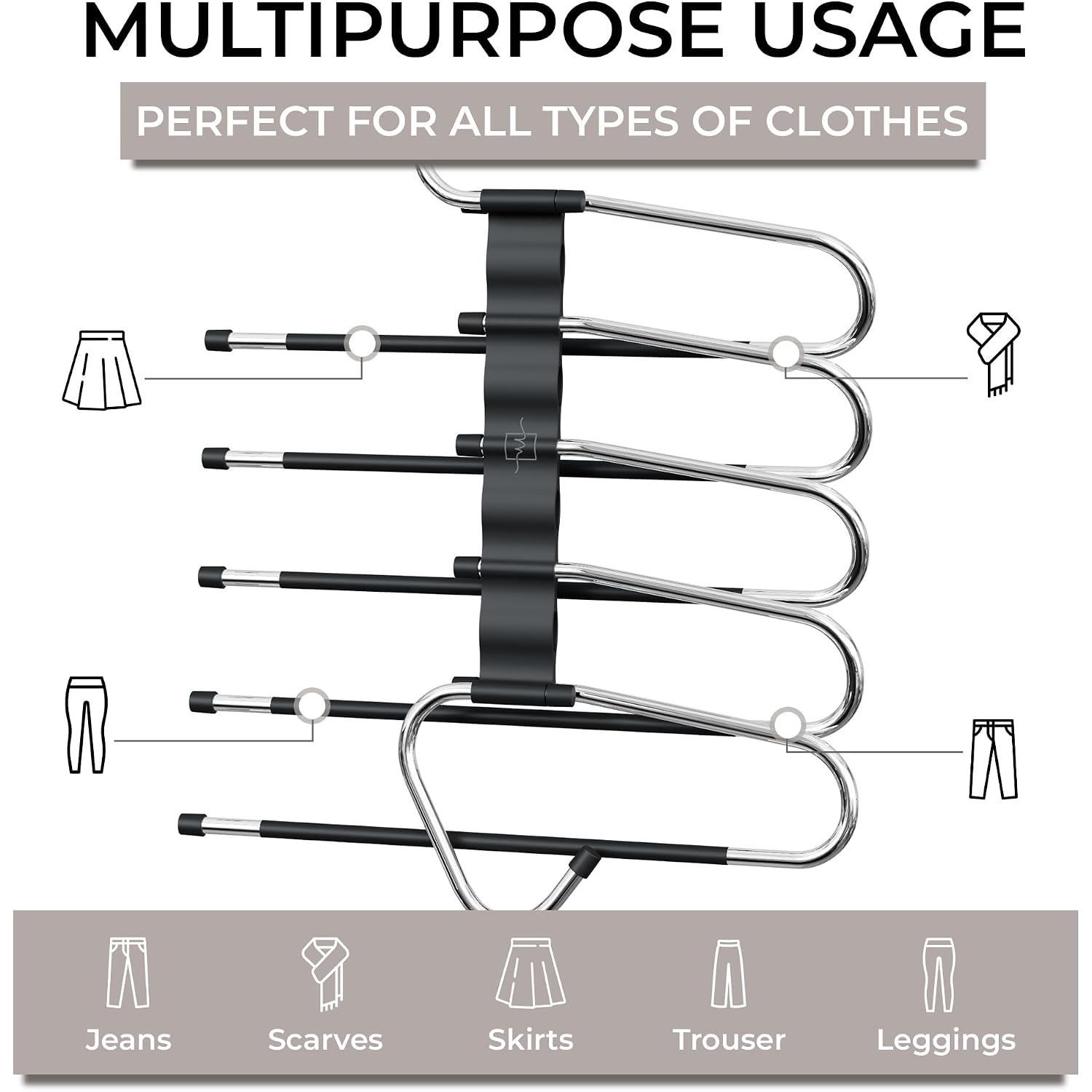 Pants Hangers Space Saving - 2 Pack - Non-Slip Multi-Layer Space Saving Hangers - Multifunctional Clothing Rack For Closet Storage - Ideal For Jeans, Trousers, Skirts, Scarves & Slacks (Black)