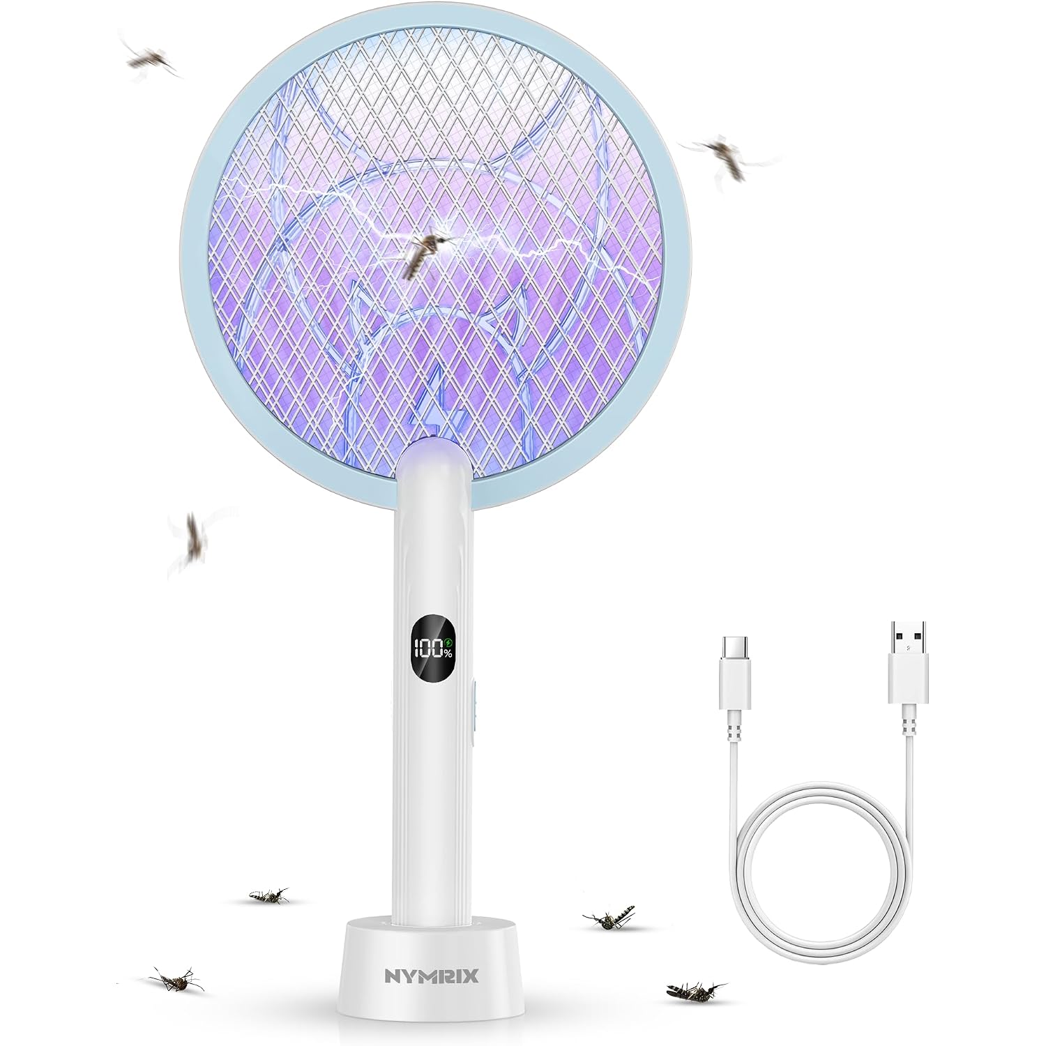 Nymrix Electric Fly Swatter Racket, 2 In 1 Mosquito Bug Zapper 4100V Max Handheld Mosquito Killer With 1800 Mah Rechargeable Battery, Purple Light And 3-Layer Safety Mesh For Indoor Outdoor Blue