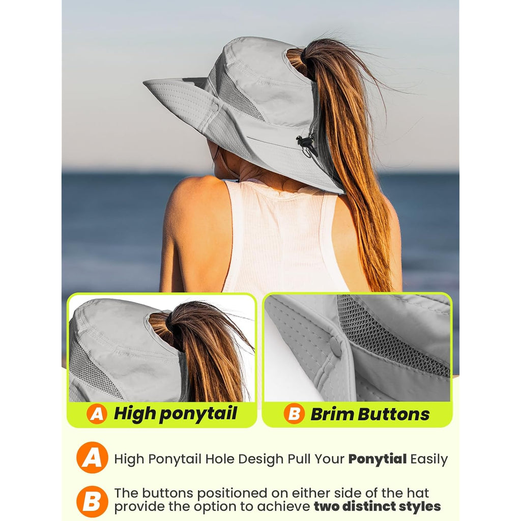 EW EastWater Beach Sun Bucket Hats for Women,UV Protection High Ponytail Hole UPF 50+ Waterproof for Hiking Safari Fishing