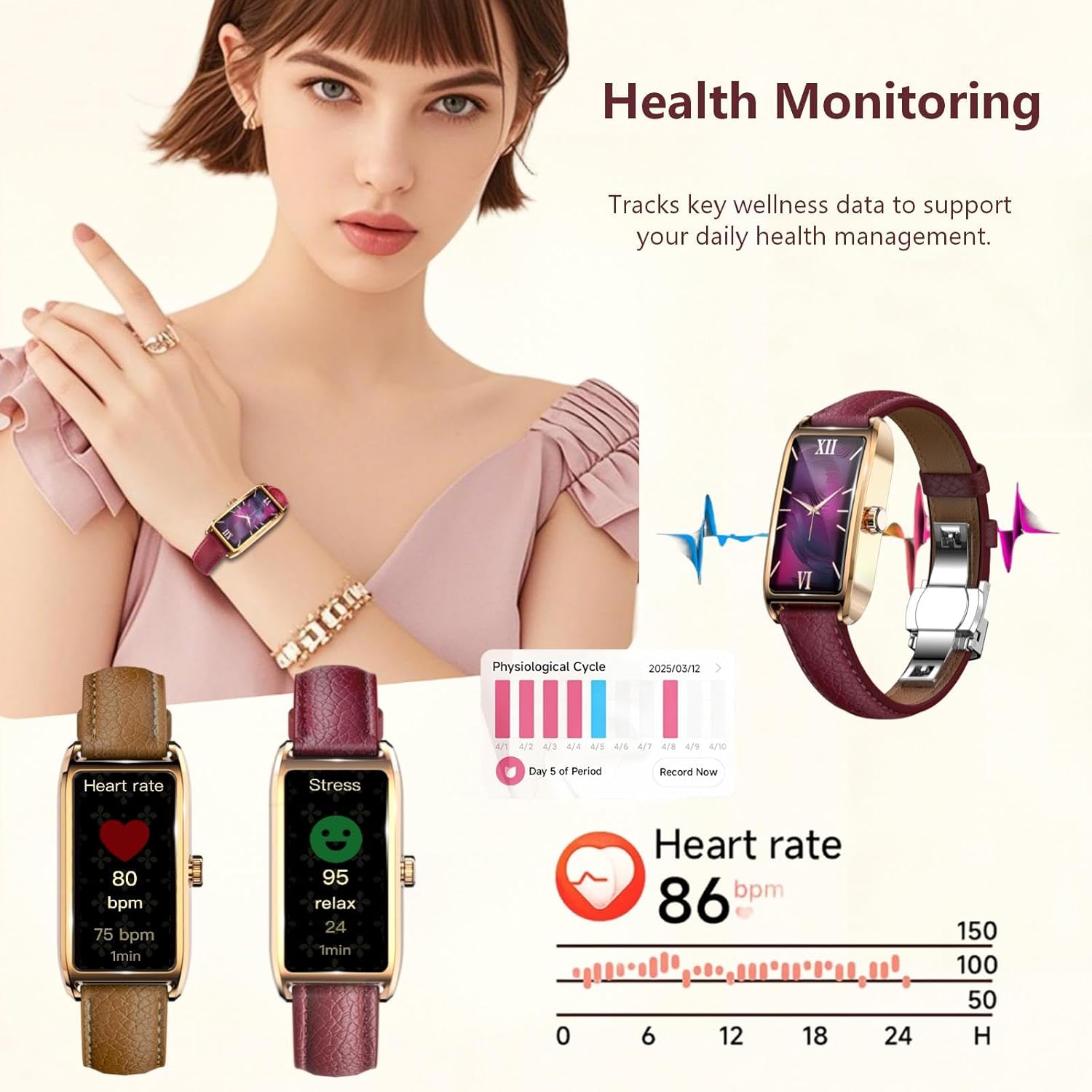 Elegant Smart Watch for Women Fitness Tracker with Step Counter Calorie Tracker Heart Rate Monitor Sleep Tracker IP68 Waterproof Activity Tracker Bracelet with AMOLED Touchscreen for Android IOS