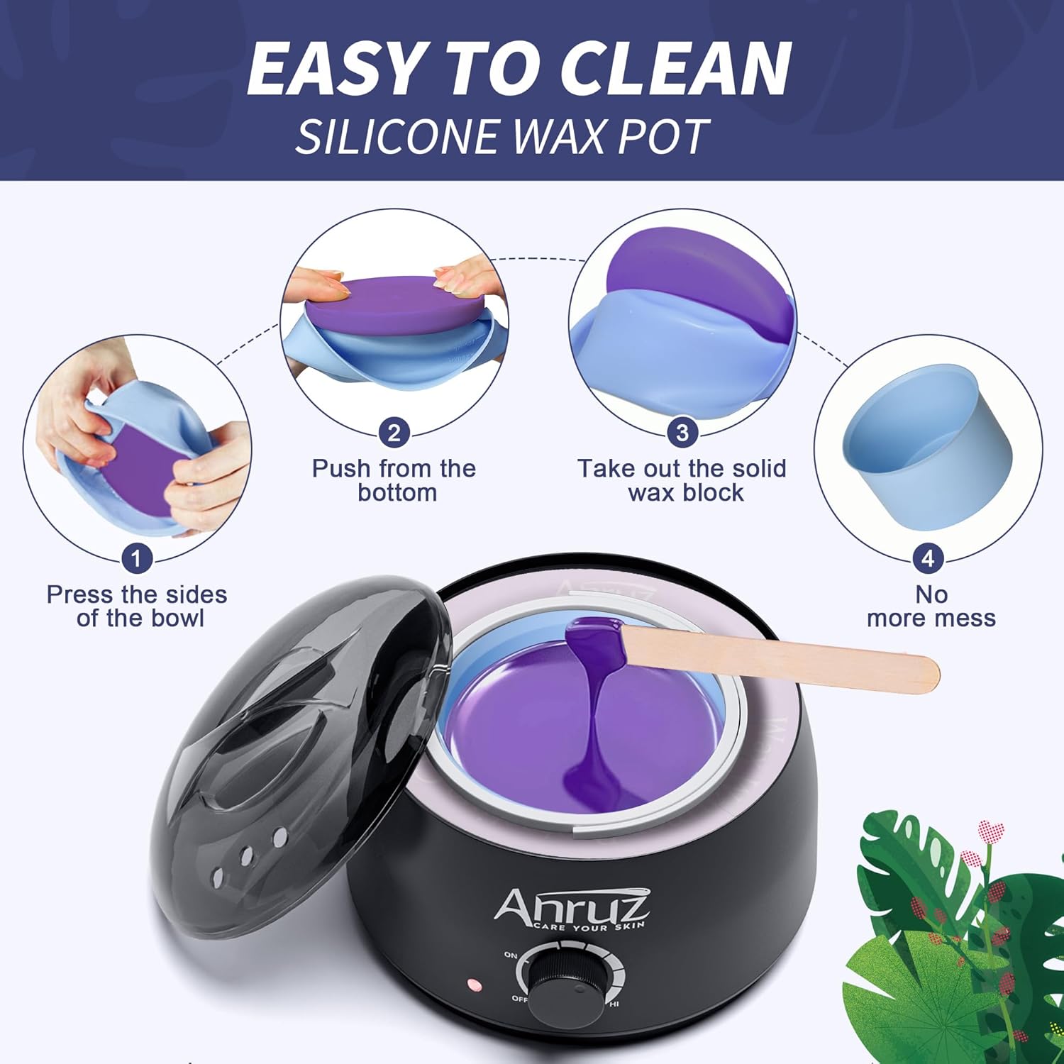Anruz Waxing Kit for Women Men - Wax Kit for Hair Removal with Silicone Bowl,4 Bags Hard Waxing Beads and 30 Sticks - at Home Use Wax Warmer for Full Body, Bikini, Eyebrow, Face, Sensitive Skin