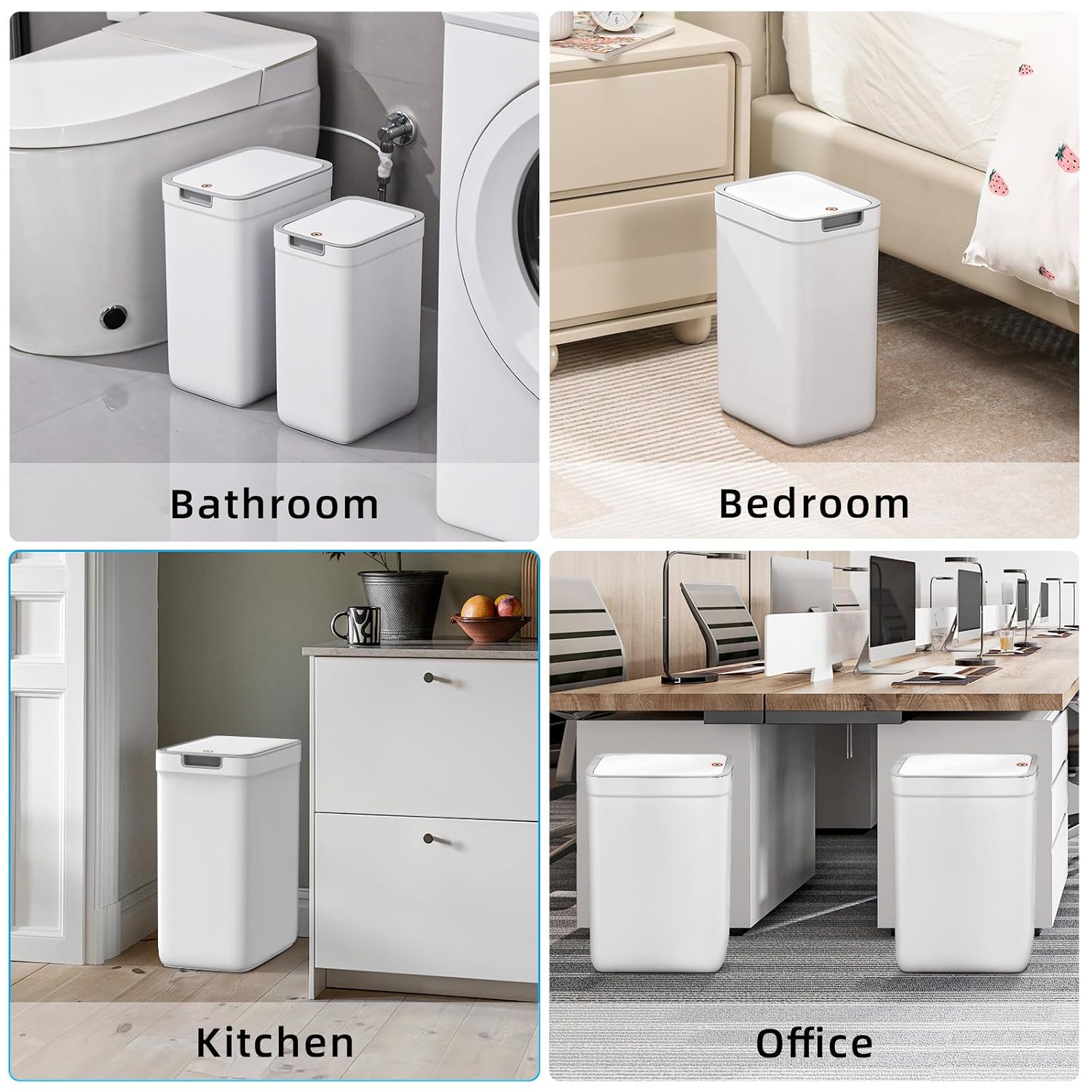 2 Pack Bathroom Trash Can With Lid, 3.6Gal + 2.5Gal Small Garbage Can Set With Pop-Up Lid, Slim Trash Bin Waste Basket For Toilet, Office, Bedroom, Living Room (White)