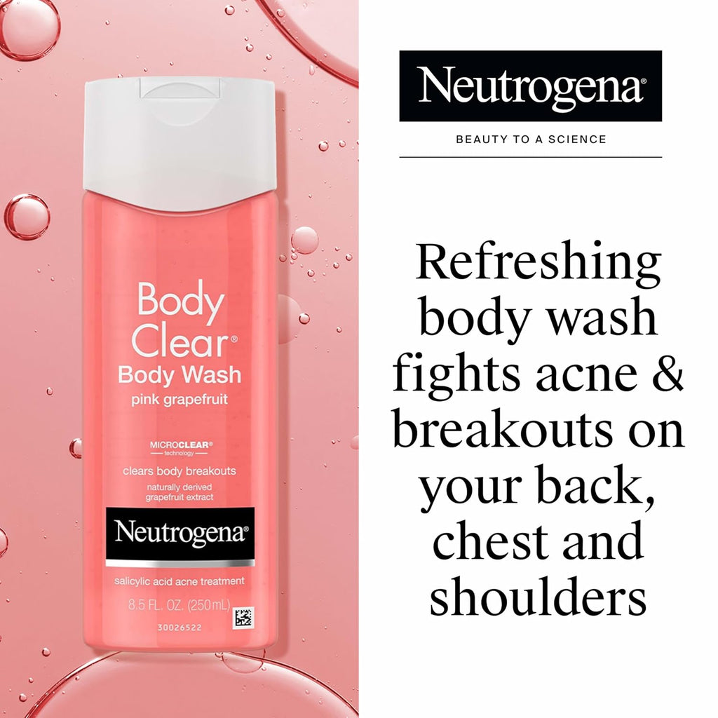 Neutrogena Body Clear Acne Body Wash Pink Grapefruit - Salicylic Acid Formula For Breakout Treatment, Exfoliating Cleanser For Clear Skin, 8.5 Fl. Oz. Bottle, 3-Pack
