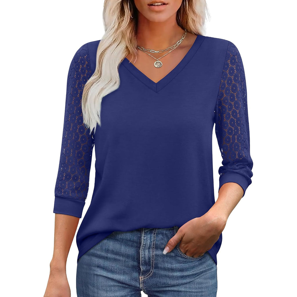 Xieerduo 3/4 Length Sleeve Womens Tops V-Neck Lace Tunic Tops Business Casual Outfits Work Blouses Dressy 2026