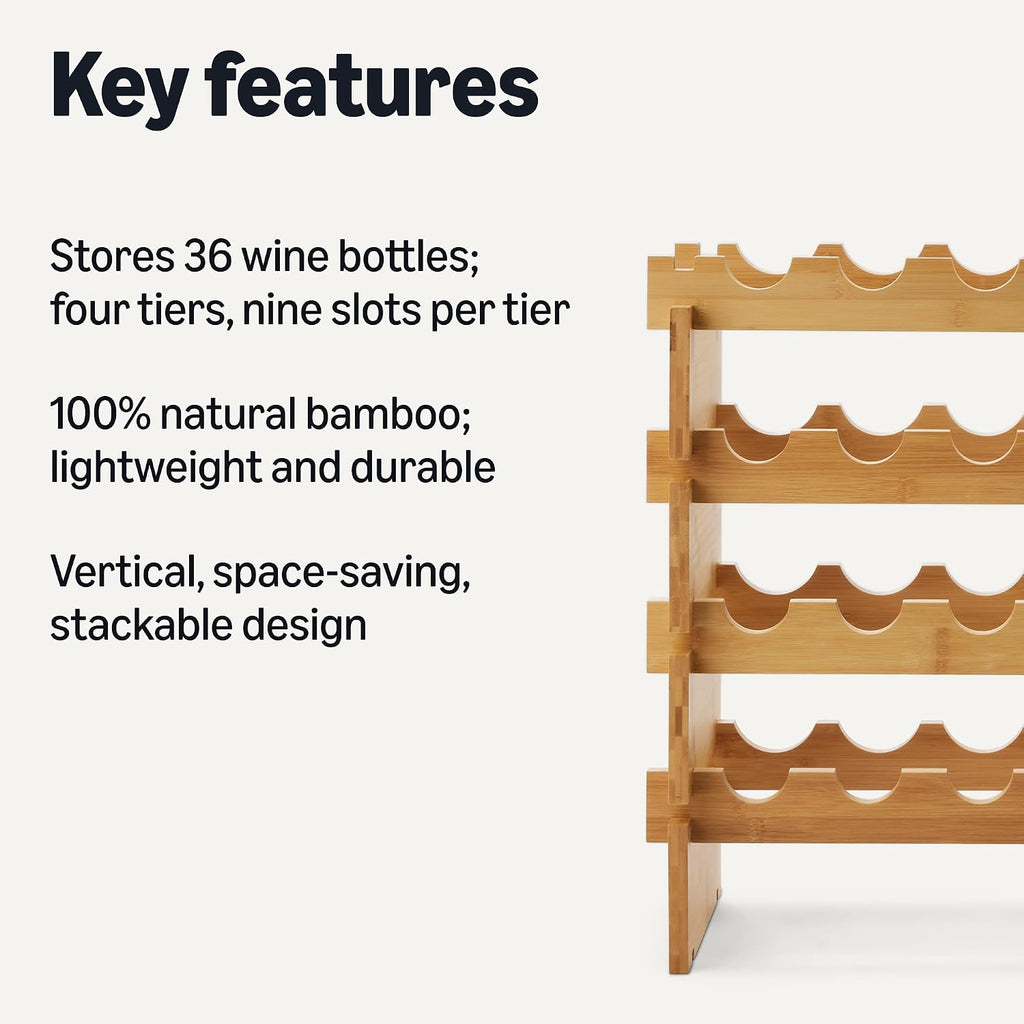 Amazon Basics Stackable Natural Bamboo Wine Rack, 36 Bottle Capacity, Easy To Assemble