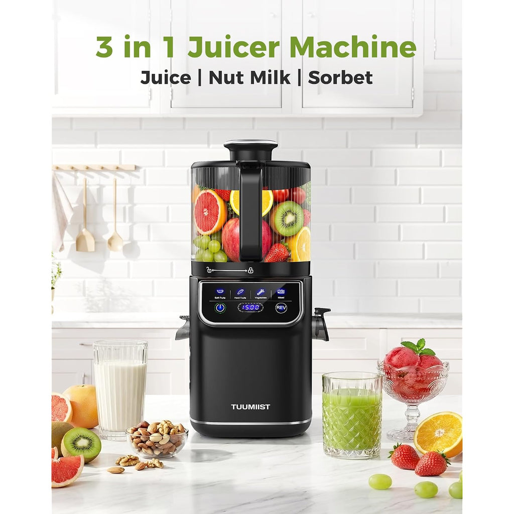 Tuumiist 3-In-1 Cold Press Juicer Machine, Smart Touch Masticating Juicers For Whole Fruit & Vegetable, 6.5" Wide Chute Slow Juicer For Nut Milk & Sorbet, High Yield, 100Oz Large Capacity, Easy Clean