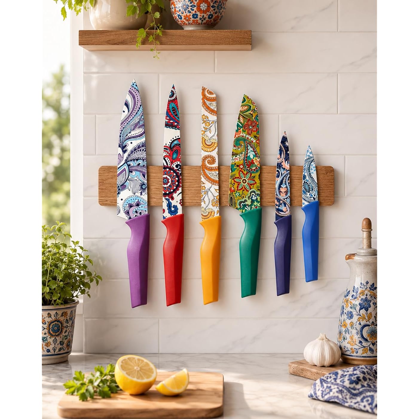Astercook Paisley Pattern Knife Set With Cover | Dishwasher Safe, 6 Knife Sheath, German Stainless Steel, Rainbow Colorful Design