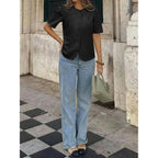 Womens Short Puff Sleeve Button Down Shirts Dressy Casual Blouses Summer Round Neck Cotton Tops