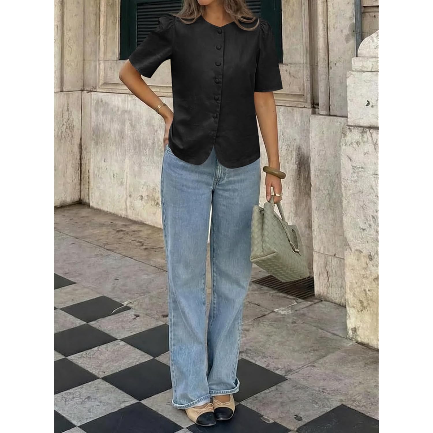 Womens Short Puff Sleeve Button Down Shirts Dressy Casual Blouses Summer Round Neck Cotton Tops