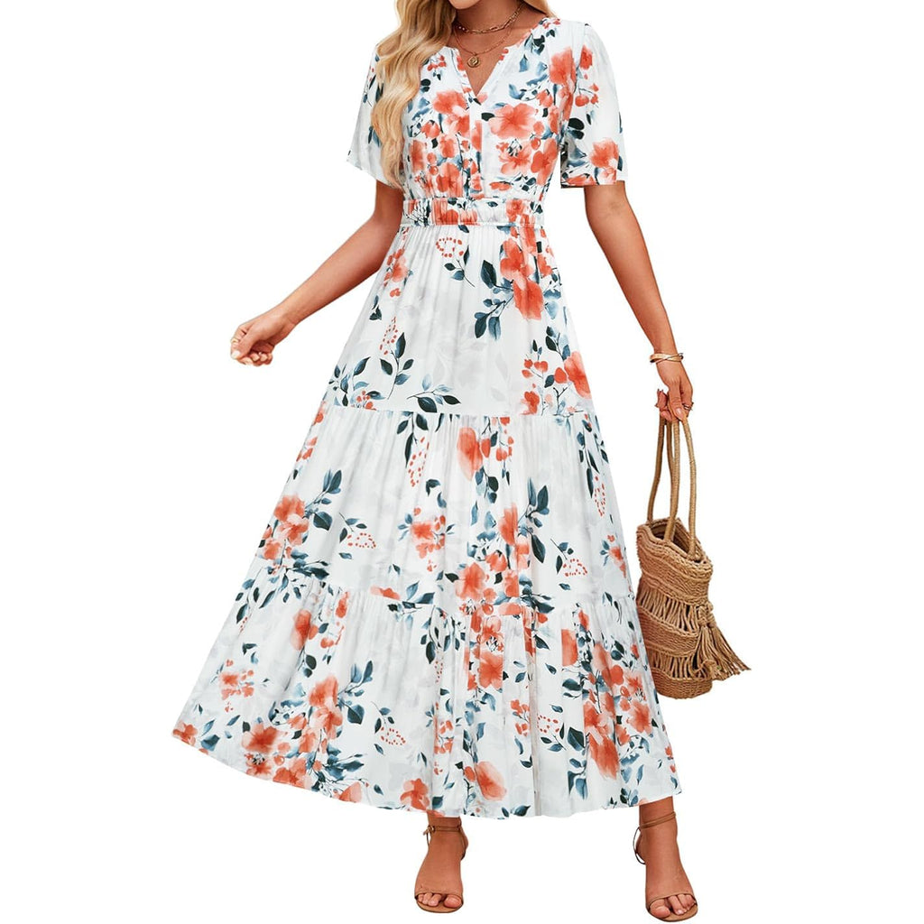 Zesica Women'S 2026 Summer Spring Floral Boho Maxi Dresses Casual Short Sleeve V Neck A Line Flowy Beach Vacation Dress