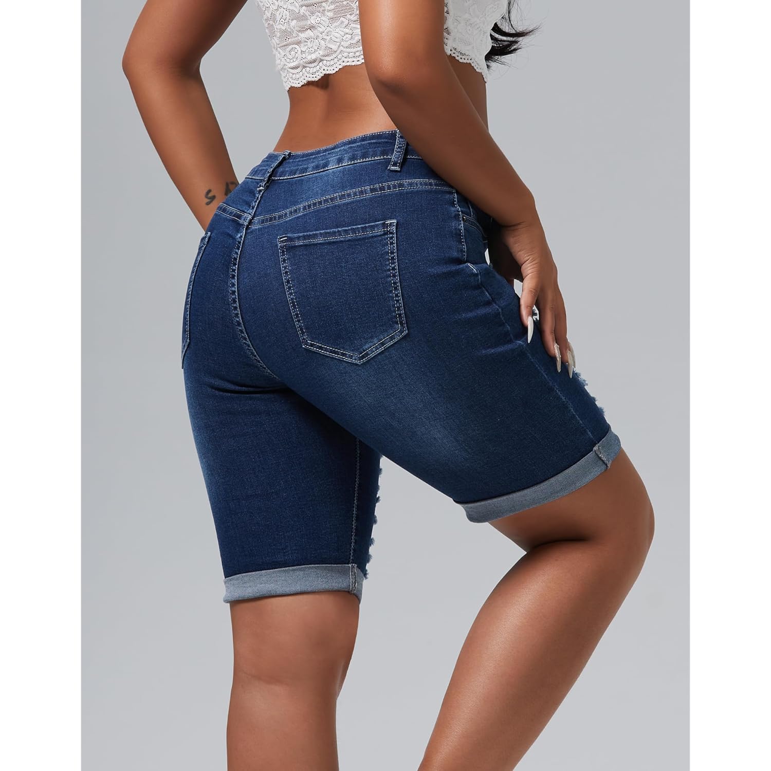Women's Distressed Knee Length Ripped Stretchy Jean Shorts