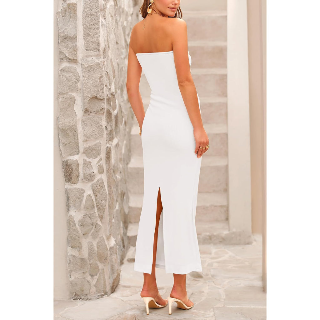 Prettygarden Women'S 2026 Summer Bodycon Maxi Dress Strapless Tube Twist Knot Front Ribbed Knit Slit Cocktail Party Dresses