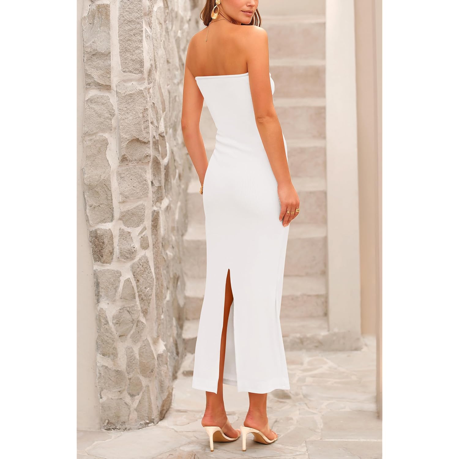 Prettygarden Women'S 2026 Summer Bodycon Maxi Dress Strapless Tube Twist Knot Front Ribbed Knit Slit Cocktail Party Dresses