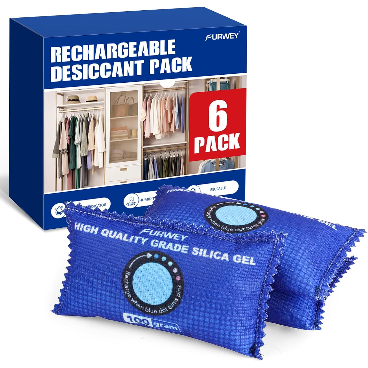 100G [ 6 Packs] Rechargeable Desiccant Packs For Storage, Color Indicating Silica Gel Desiccant Packets, Moisture Absorbers For Storage, Dehumidifier Bag For Closets