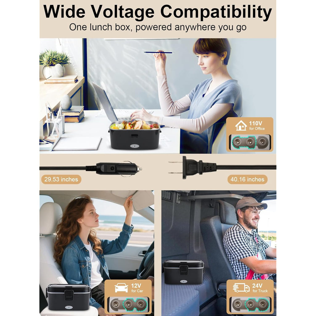SOHIDA 1.8L+0.5L Heated Lunch Box for Men, 80W Electric Lunch Box with Long-handled Utensils for Adults, 12V/24V/110V Lonchera Eléctrica Portátil, Portable Food Warmer for Car/Truck/Office (Black)