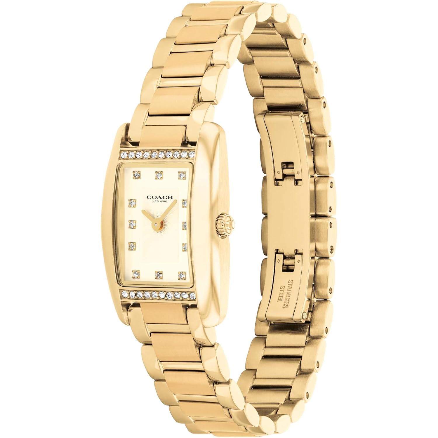 Coach Women'S Reese 2H Quartz Watch, Petite Rectangle Case, Stainless Steel Link Bracelet With Crystal Accents, Timeless Minimalism For Every Day - Gift For Her