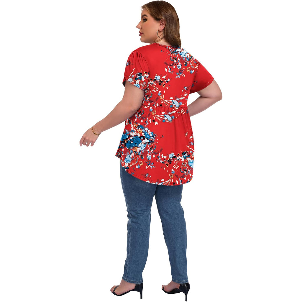 Women's Plus Size Short Ruffle Sleeve Henley Shirts V Neck Button Tunic Tops Casual Swing Flowy Dressy Blouses