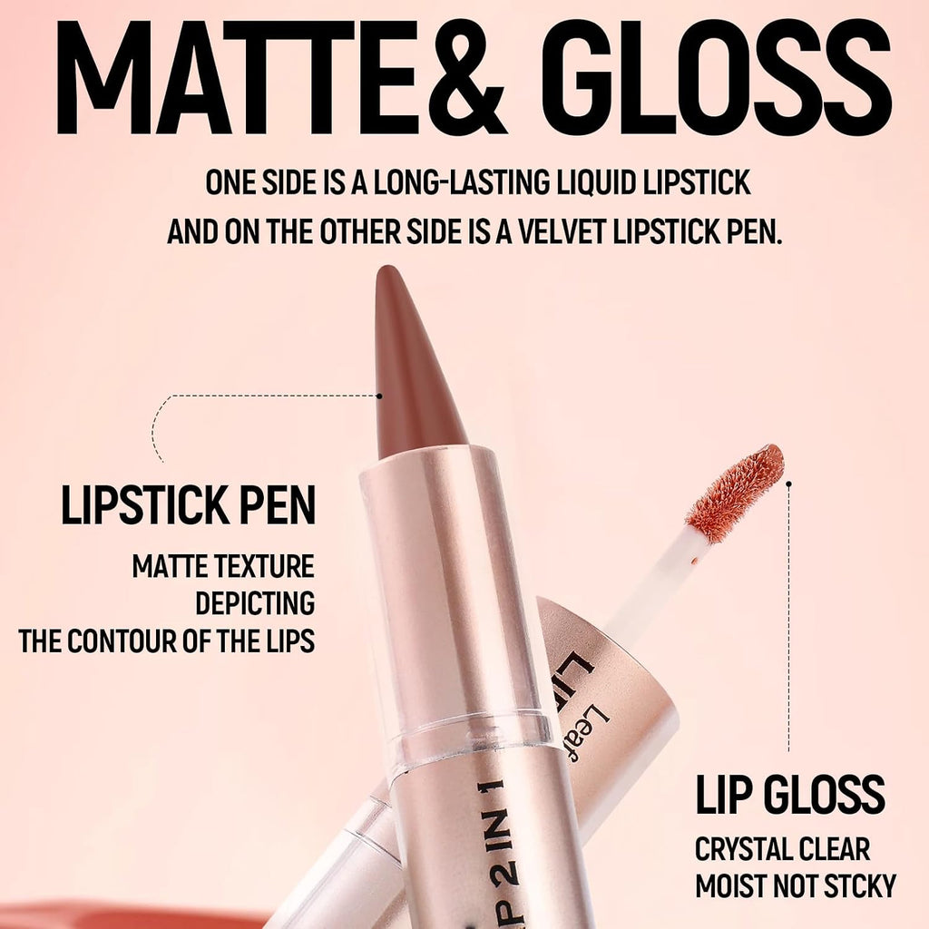 2Pcs Lip Liner Gloss Lip Combo Set,2In1 Lip Duo Natural Nude Brown Lip Liner Lipstick Glossy Long Lasting-Plumping,Smooth Quick Fuller Plumping Juicy Lip Makeup For Women(Chocolate+Cherry Red)
