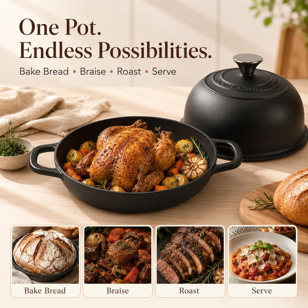 5Qt Pre-Seasoned Cast Iron Dutch Oven For Bread Baking, Dutch Oven With Domed Lid, Sourdough Bread Baking Supplies, Multi-Functional Bread Pan For Baking, Frying, Roasting