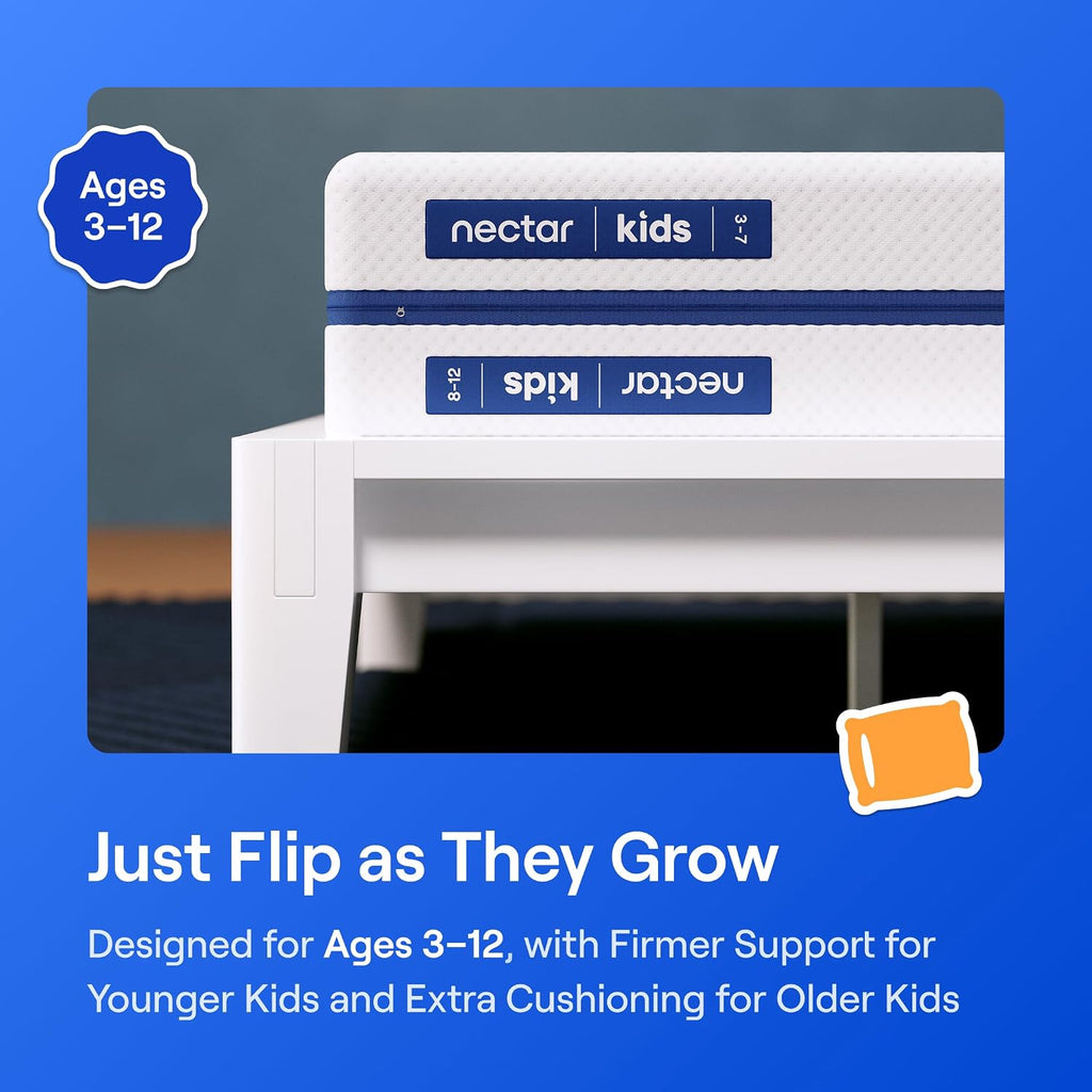 Nectar Kids Twin Mattress 8” - 2-Sided Design For Growing Children Ages 3-12+ - Pressure Relieving Memory Foam - Fiberglass Free - 365 Night Trial - Mattress In A Box