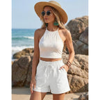 Linen Shorts for Women Summer Ruffle Waist Mid Waisted Drawstring Wide Leg Shorts with Pockets Vacation Outfit