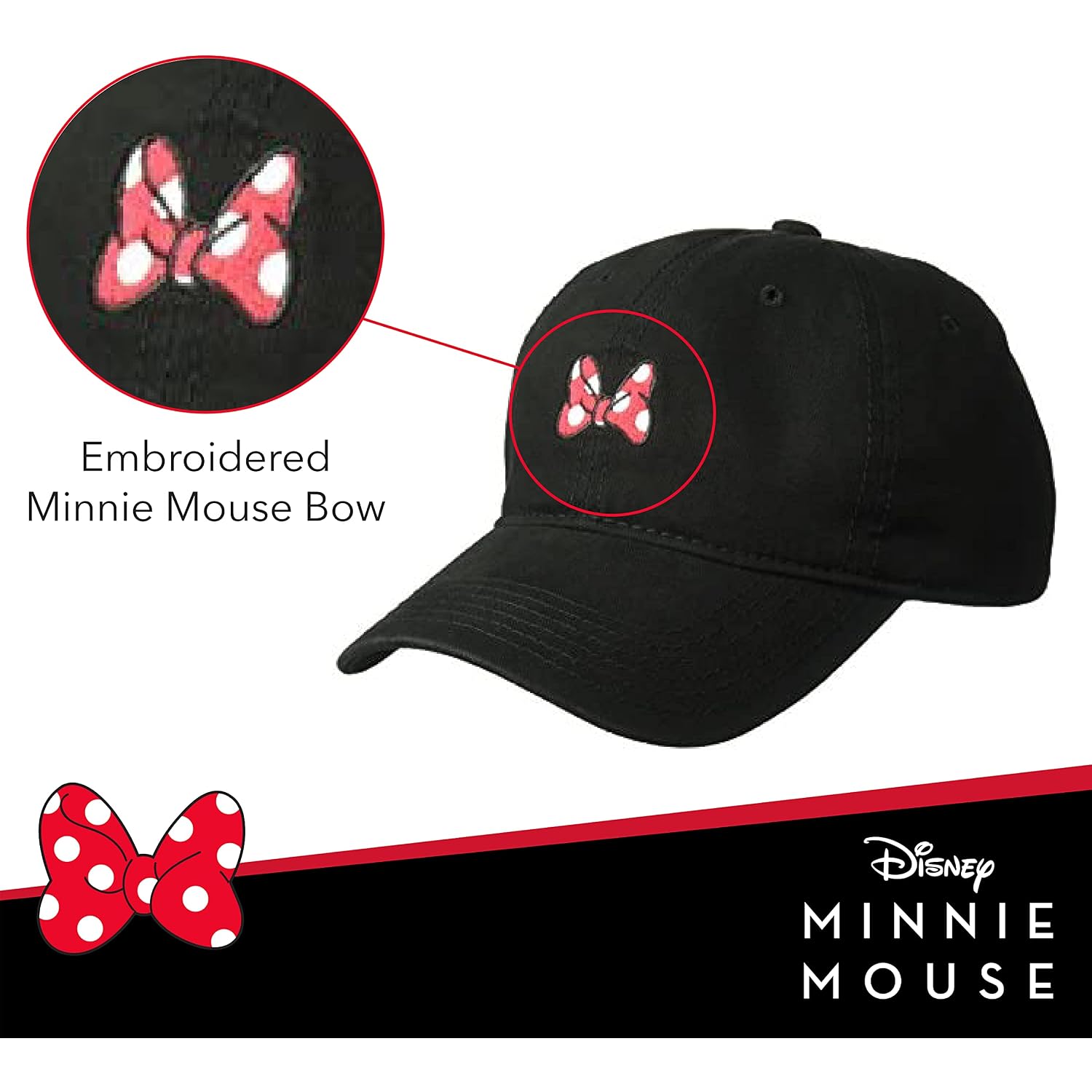 Disney Minnie Mouse Dad Hat, Cotton Adjustable Baseball Cap with Curved Brim Black